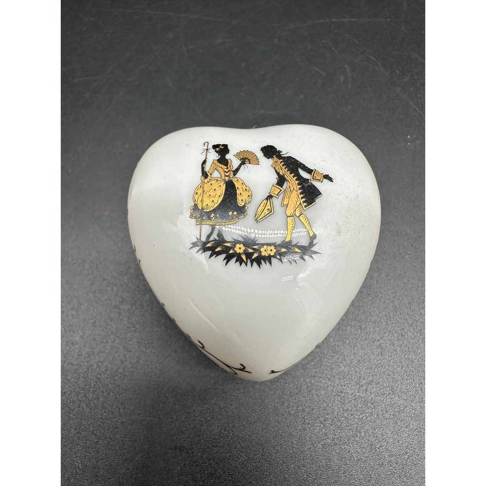 Vintage Japan Porcelain Heart Trinket Box Courting Couple Lid Vanity Jewelry Box